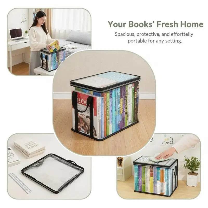 boîtes rangement livres transparentes noires modernes poignées fermeture glissière pratique maison étudiante