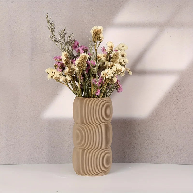 vase moderne plastique noir beige blanc rayures horizontales fleurs séchées decoration maison