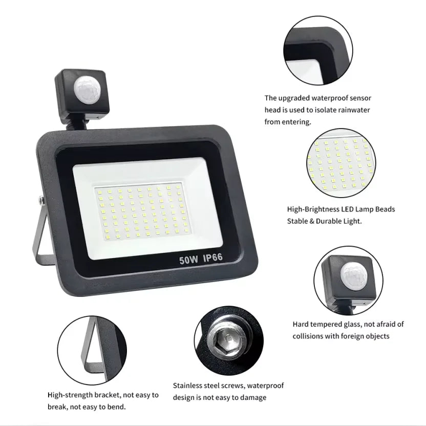 projecteur led sol noir moderne capteur mouvement ip66 10w 20w 30w 50w 100w 150w