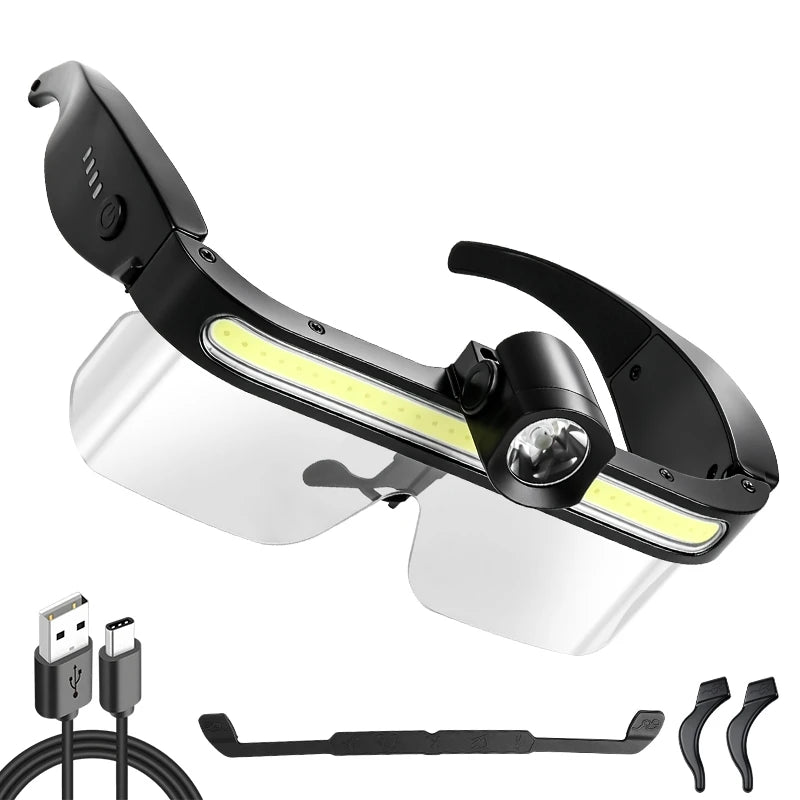 lunettes protection lampes frontales rechargeables led camping course pêche travail mains libres noir transparents