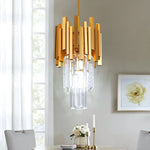 suspension lumineuse moderne or noir cristal led rayures horizontales verre transparent élègante chaîne métallique