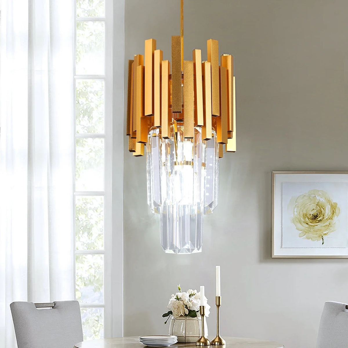 suspension lumineuse moderne or noir cristal led rayures horizontales verre transparent élègante chaîne métallique