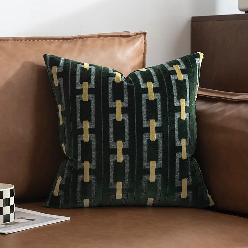 housse coussin velours géométrique ivory coffee vert gris moderne 45x45cm decoration salon chambre