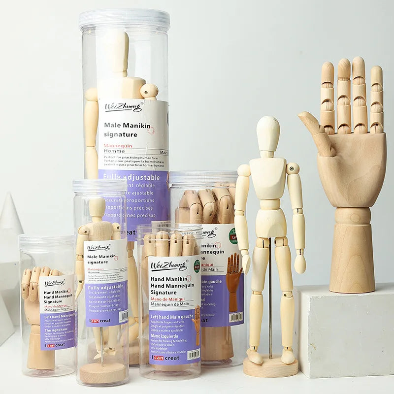 mannequins articulés bois classiques tailles diverses naturel clair base circulaire minimalistes adultes