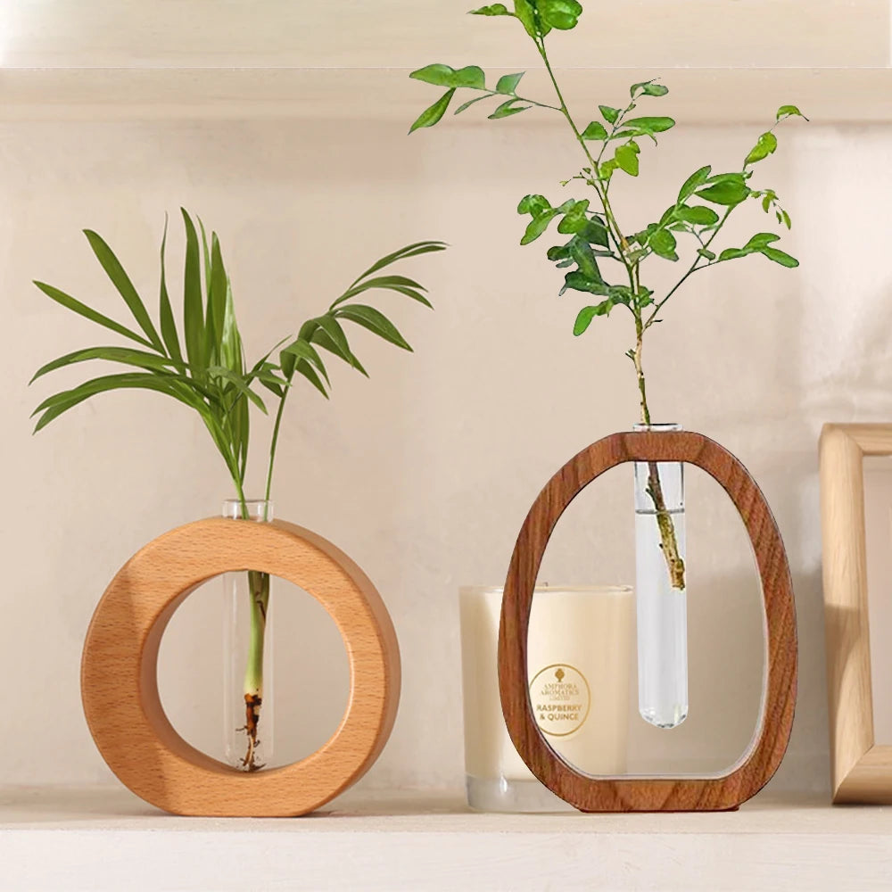vase decoratif moderne bois naturel transparent fleur hydroponique jardiniere tube verre