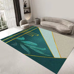 Un magnifique tapis contemporain aux motifs géométriques et botaniques, créant une ambiance apaisante et élégante dans ce salon moderne.