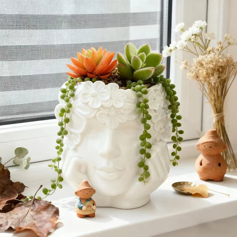 pots fleurs résine forme fille fleurs sculptées succulentes cactus plantes vertes deco bohème vintage
