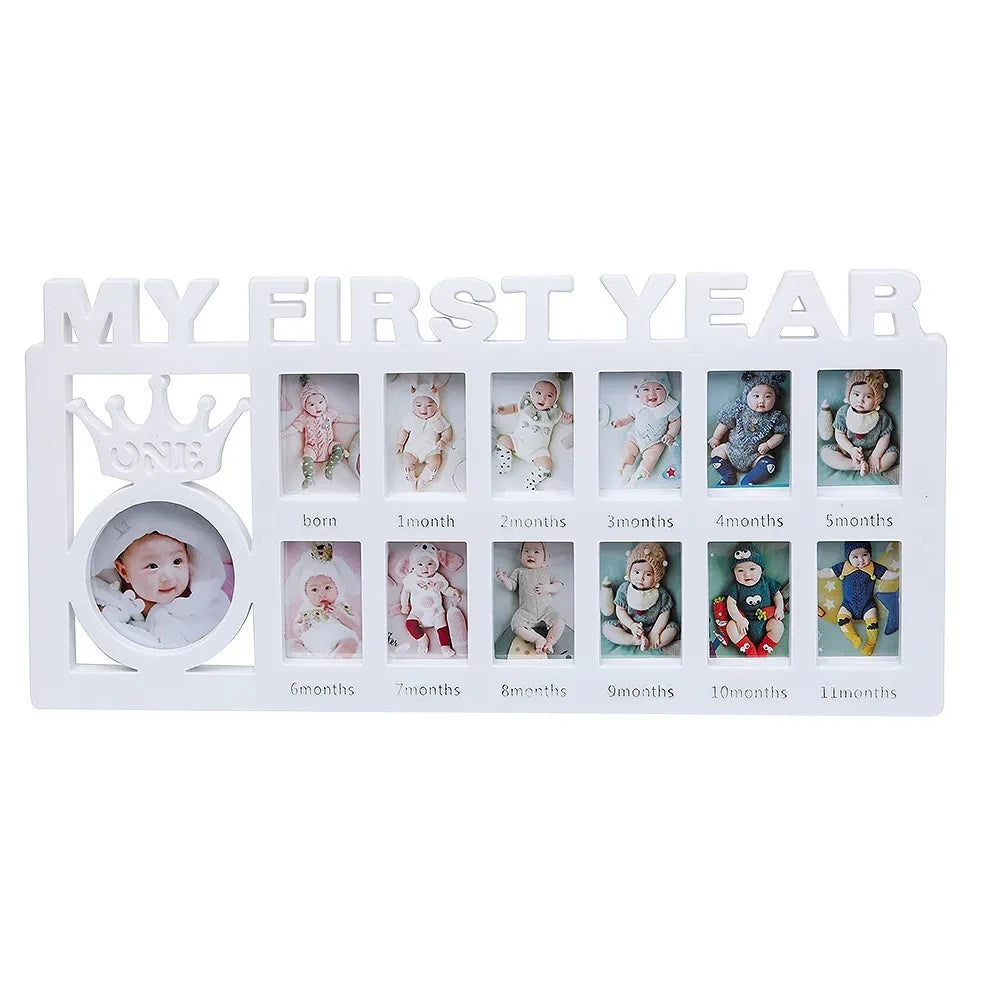 cadre photo my first year bébé blanc rose bleu lettres relief couronne moderne multiphotos