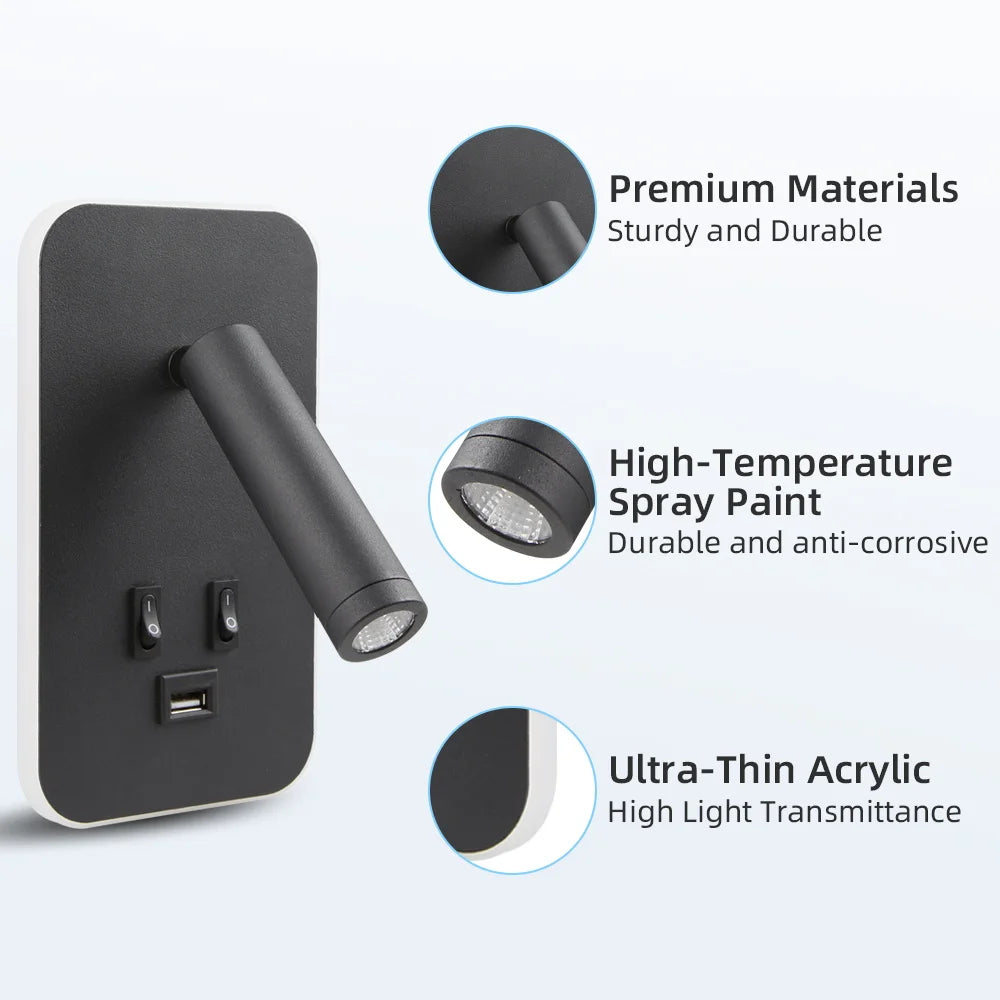 lampe murale moderne noire prise usb double interrupteur chambre étudeentrée