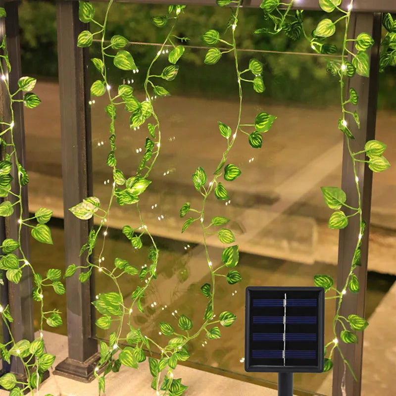 guirlande lumineuse solaire feuilles vertes motif veiné transparent extérieur décoration jardin