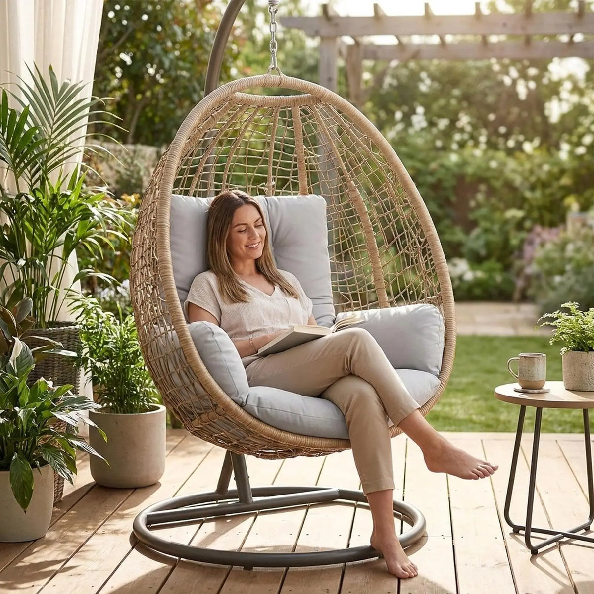 coussin rembourré fauteuil suspendu rotin extérieur beige gris confortable tissu épais lavable