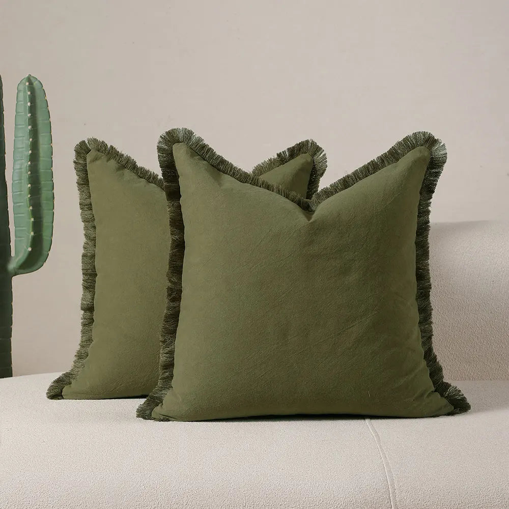 housse coussin boho décoration vert olive frange moderne 30x50cm 45x45cm 50x50cm polyester douce