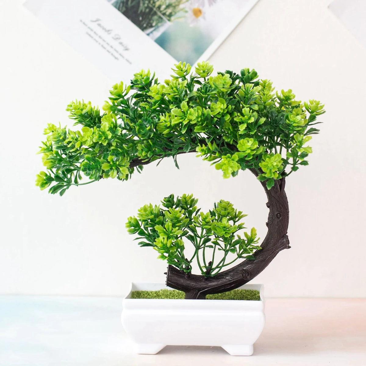 bonsaï artificiel vert feuilles rondes pot blanc décoration intérieure tronc noueux classique mousse verte
