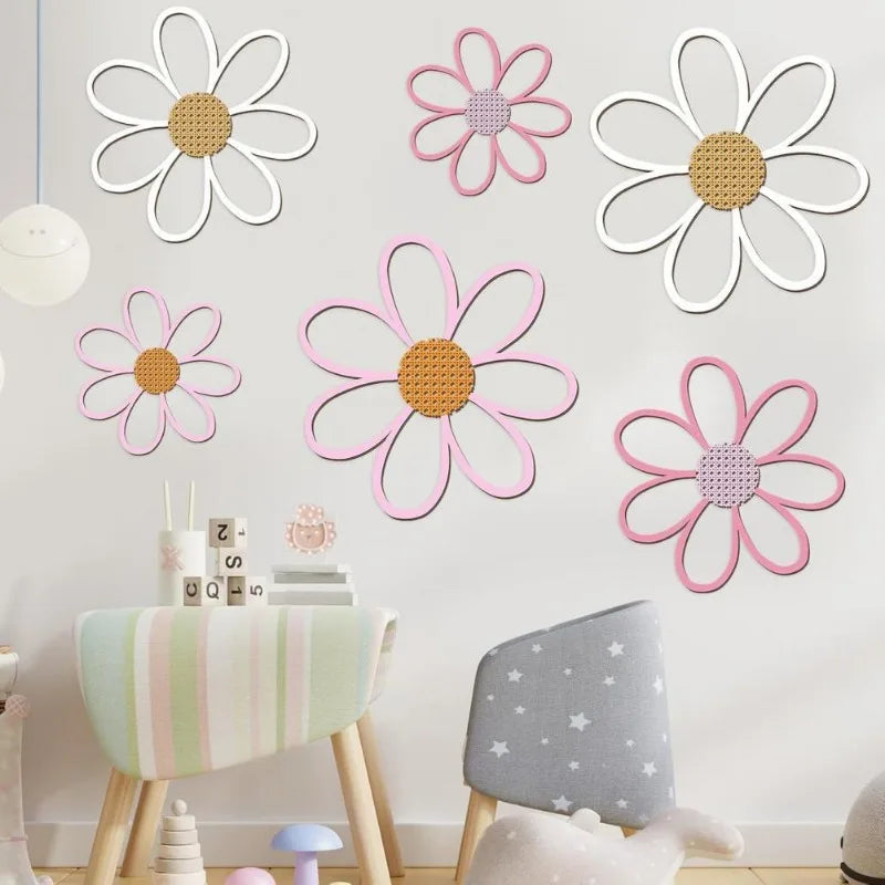 décorations murales fleurs marguerites blanc rose texture tissu moderne enfant champêtre bois