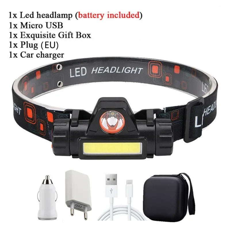 lampe frontale led noire blanc imprimée géométrique 1800lm modes aimant porte câble intégré camping