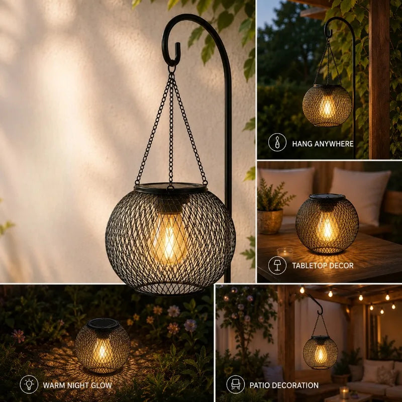 lanterne suspendue vintage noire maille métallique ampoule filament chaines crochetsextérieur decoration jardin