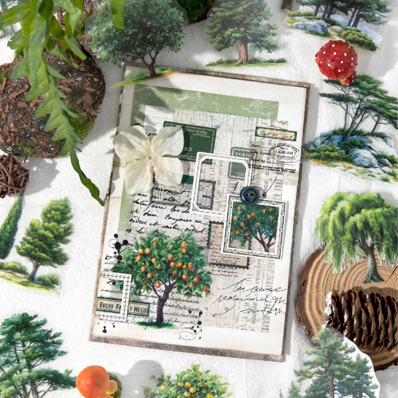 sticker illustration arbres divers couleurs feuillage adhésif album photo créatif vert rose blanc