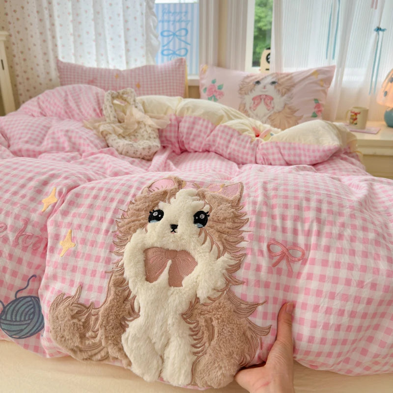 parure lit enfant fille rose chat mignon housse couette drap taies oreiller coton