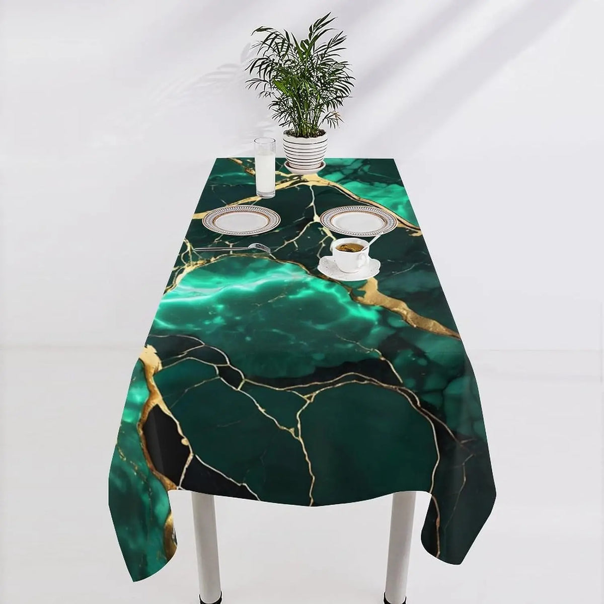 nappe marbre vert foncé doré moderne réutilisable polyestère table manger rectangle chez soi élégante