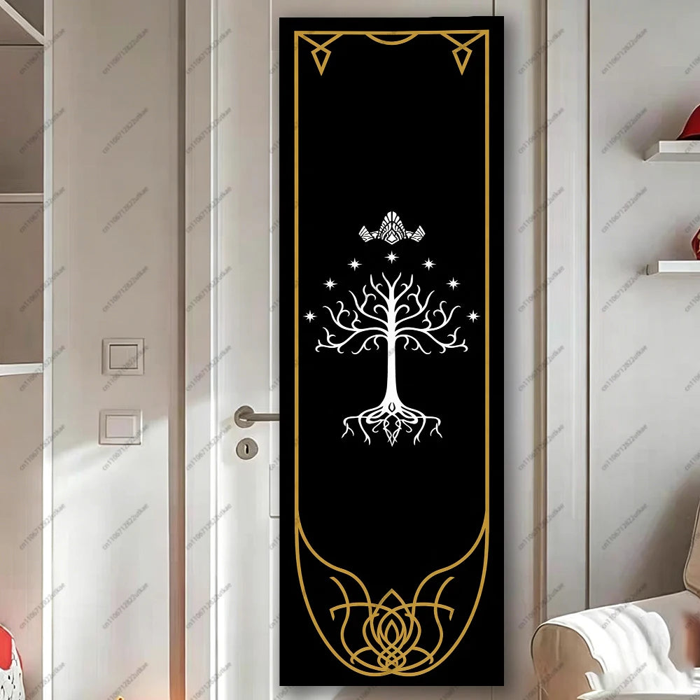 tapis yoga noir blanc arbre stylisé branches racines motifs dorés moderne minimaliste