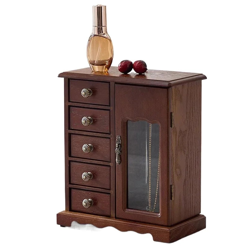 boîte bijoux marron foncé bois naturel six tiroirs miroir classique vintage