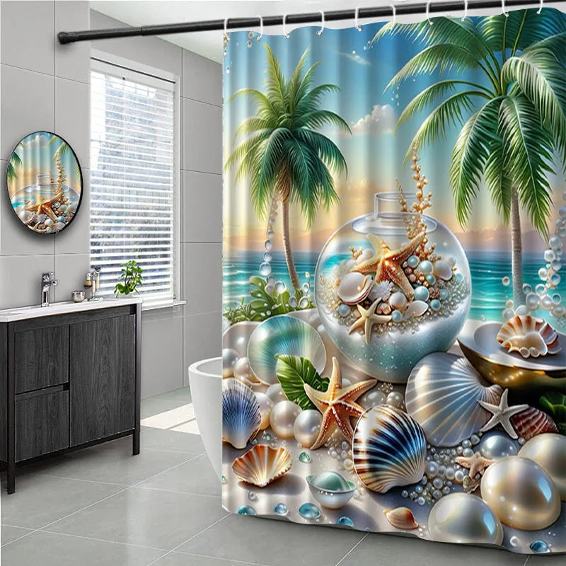 rideau douche plage palmiers coquillages bleu vert moderne opacité anneaux rideau