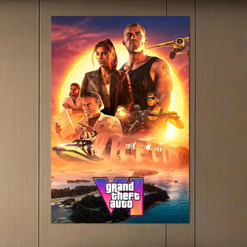 affiche jeu vidéo grand theft auto vi multicolore personnages scènes verte bleue moderne artwork