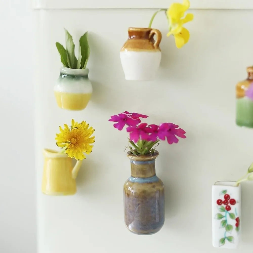 mini vase céramique artisanal aimants fleurs motif floral opacité vert beige marron bleu jaune