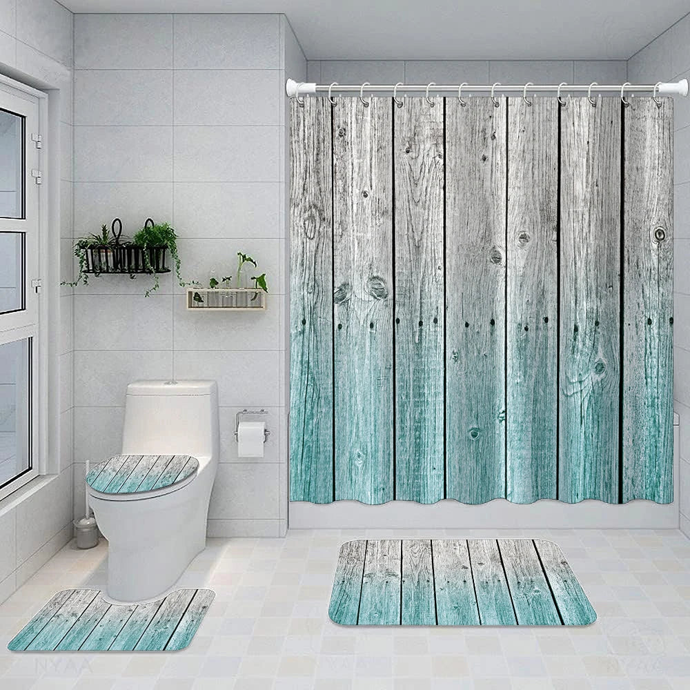 Ensemble de salle de bain assorti avec rideau de douche effet bois vieilli, tapis de bain et housse de toilette coordonnés. Salle de bain moderne avec plantes décoratives