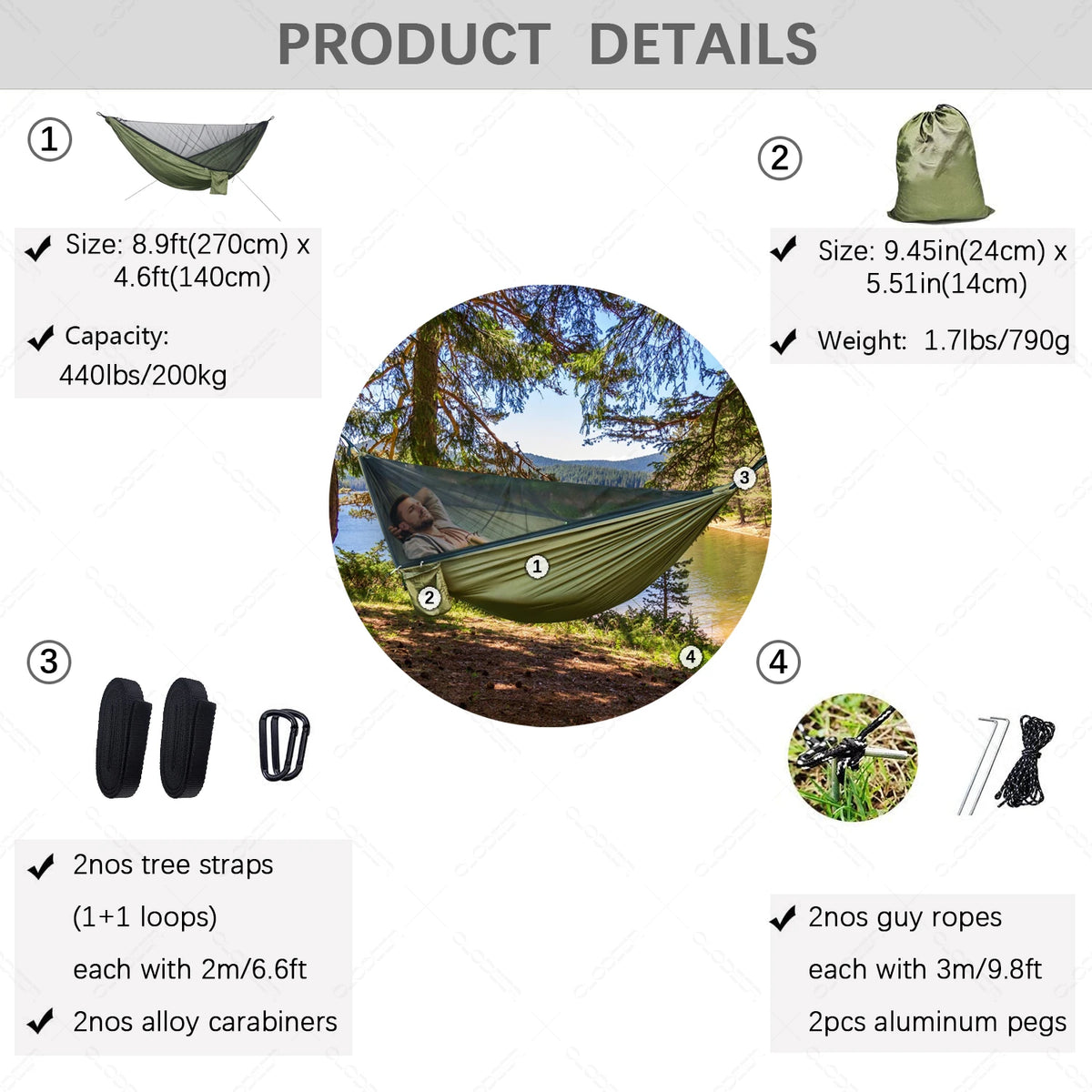 hamac deux personnes vert olive parachute léger filet antimosquitos carabines inox piquets aluminium sac