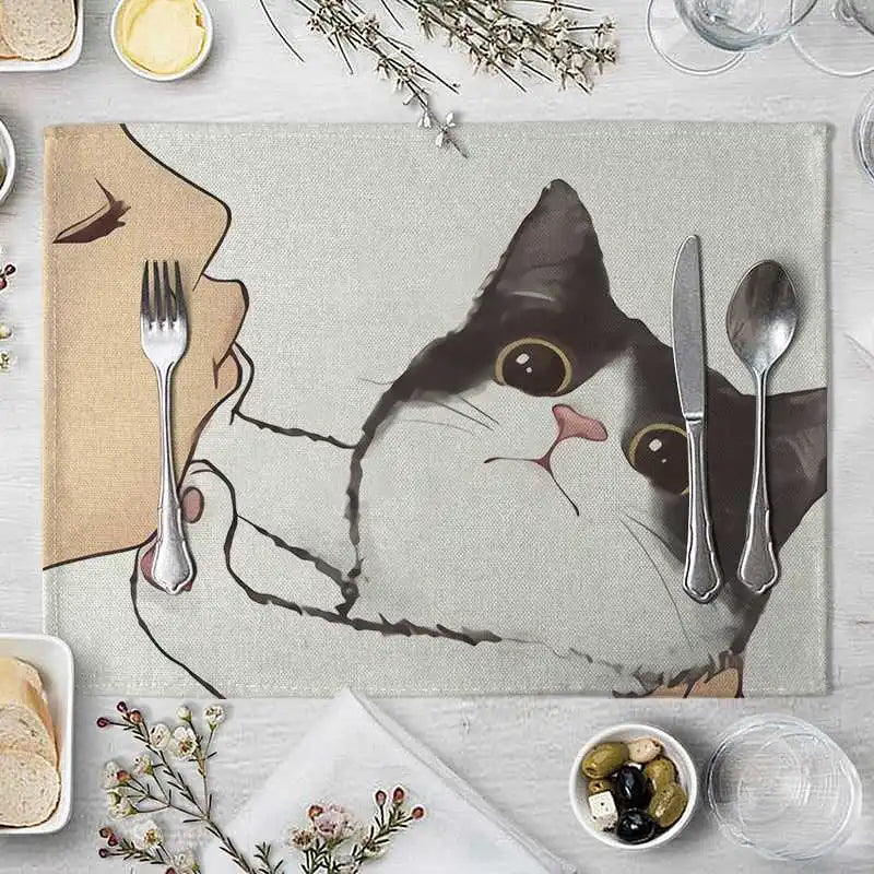 serviette table illustration chat mignon couleur beige gris rose toile lin respectueuse environnement