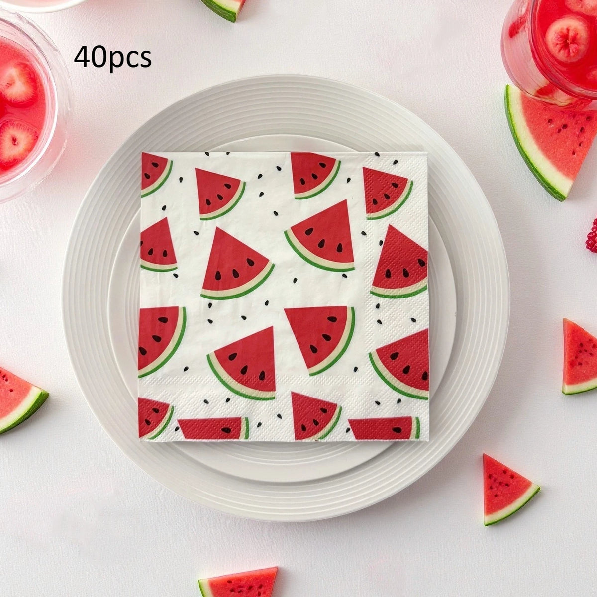 serviettes estivales pastelle motif pastèque blanc rouge festives pack 40 pièces