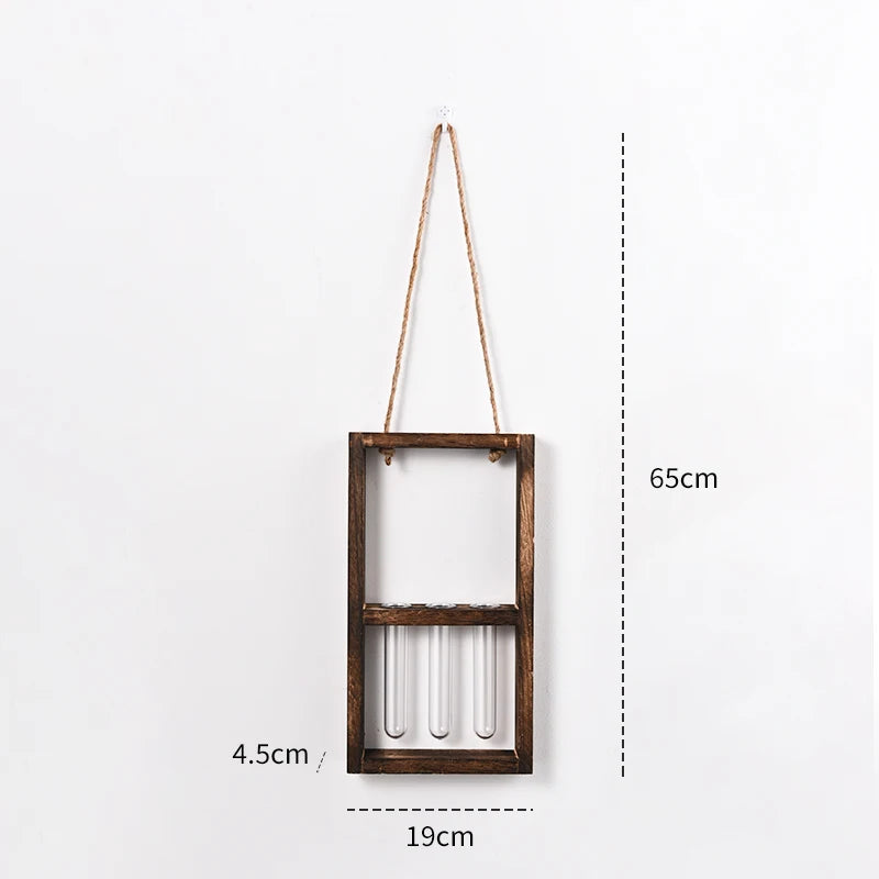 cadre mural suspendu bois naturel blanc tubes verre fleurs artificielles rustique minimaliste cordelette chanvre