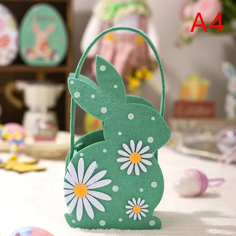 sac main forme lapin fleurs blanches taches noires couleurs vert rose bleu jaune pâques
