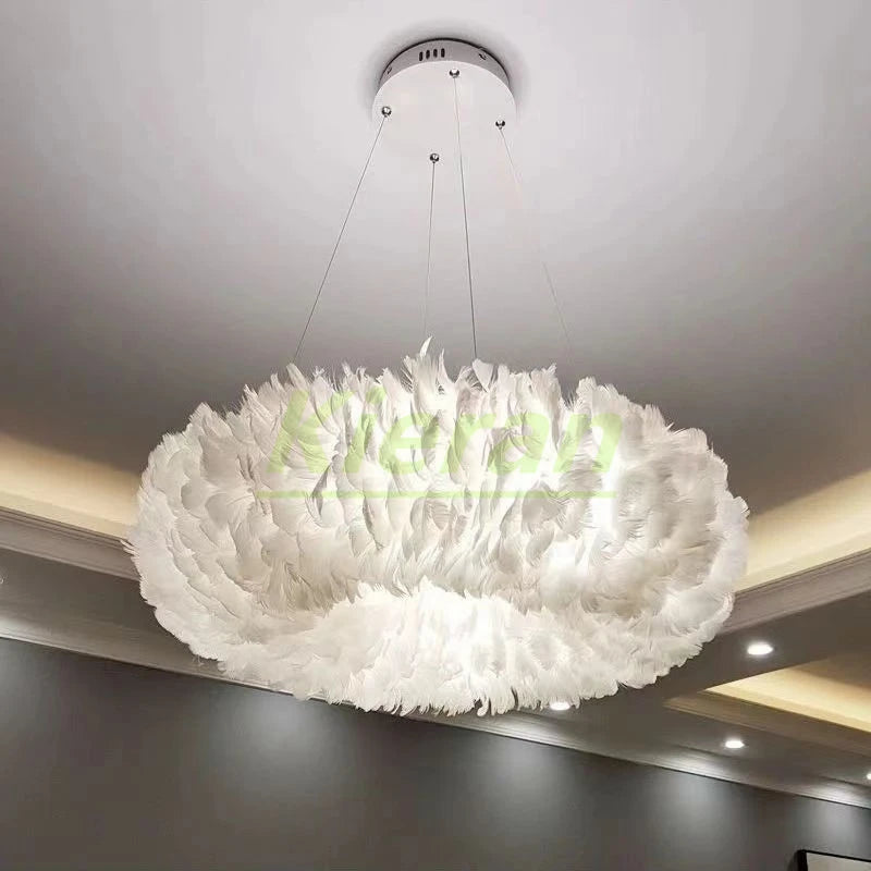 suspension lumineuse plumes blanc moderne 60cm led chaines lumière chambre