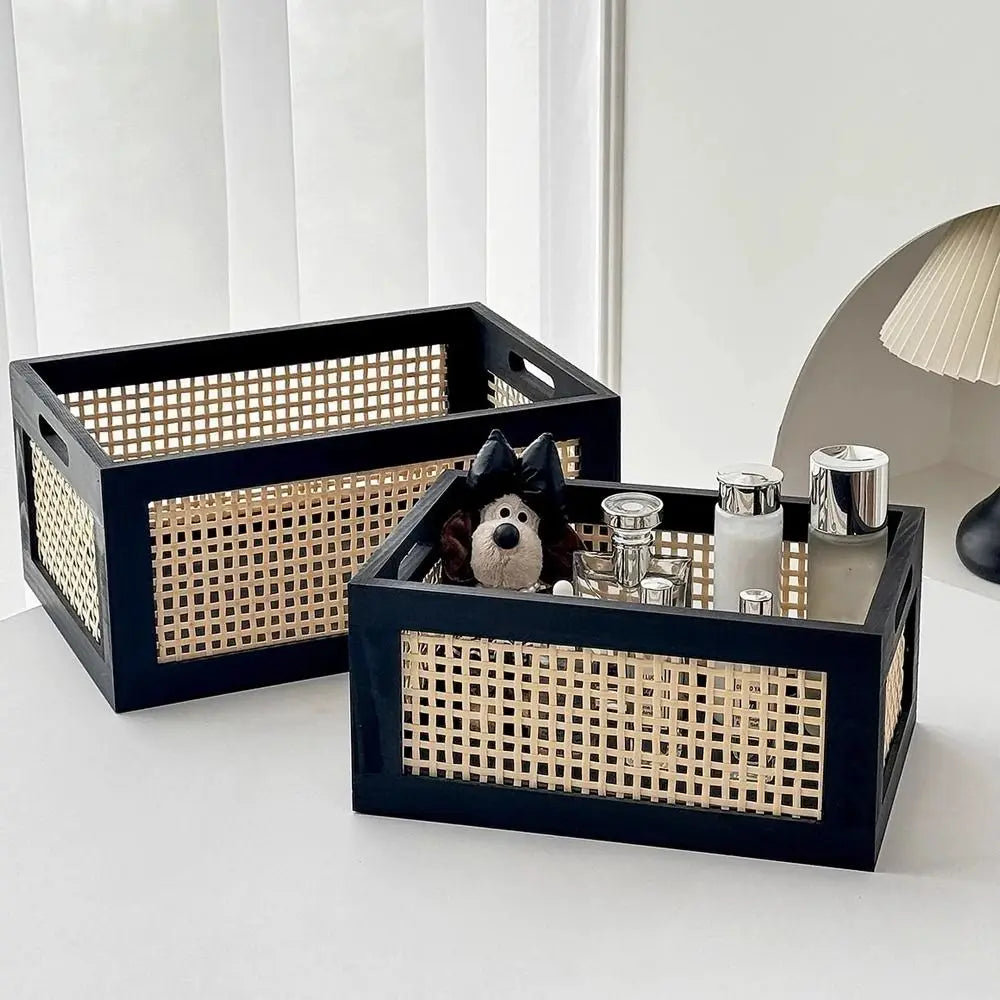boîtes rangement rattan tressé noir beige modernes poignées grande taille organisation intérieure scandinave