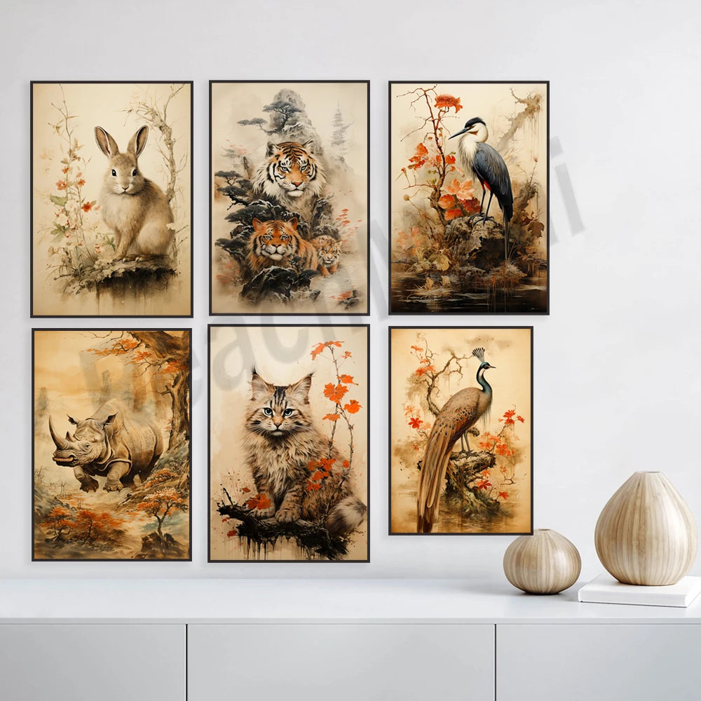 Cette collection de six illustrations de haute qualité représentant des animaux sauvages dans des décors naturels automnaux offre une belle décoration murale pour un intérieur.