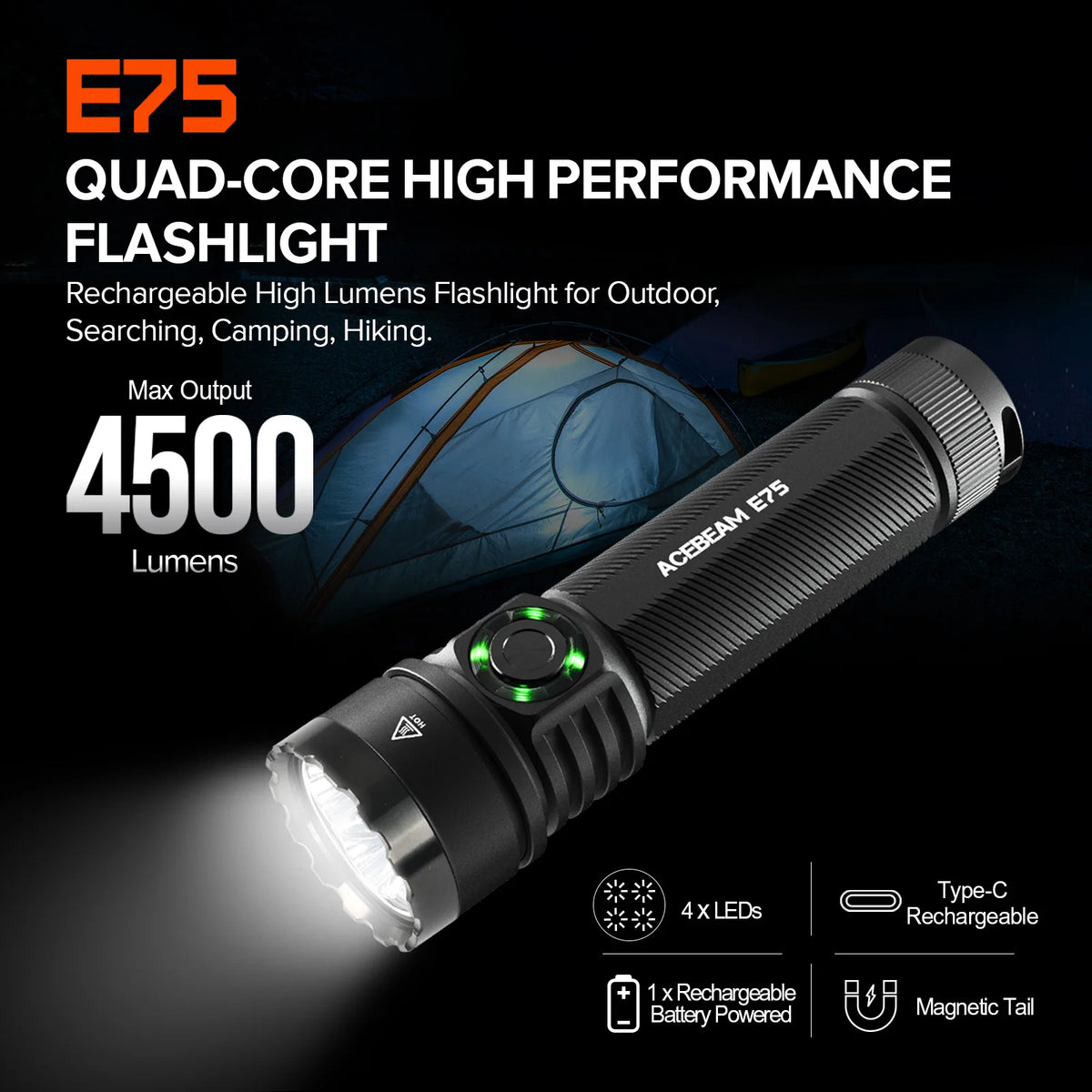 lampe poche rechargeable led noire 30w intense stroboscope auto défense texturée moderne