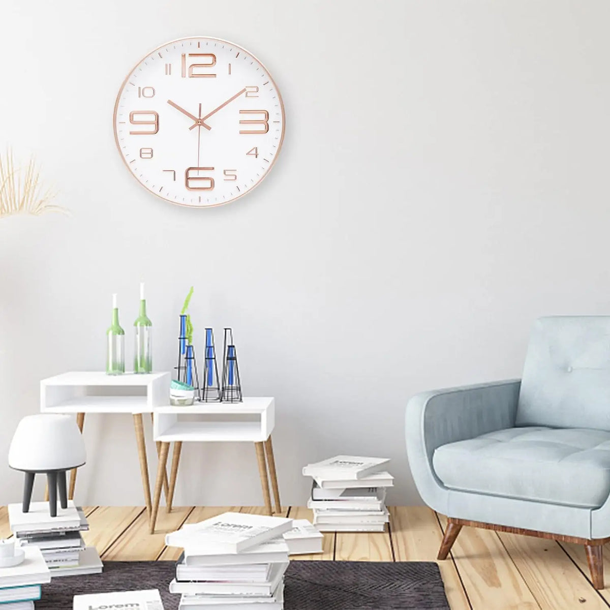 horloge murale moderne chiffres relief aiguilles fines blanc rose doré noir minimaliste