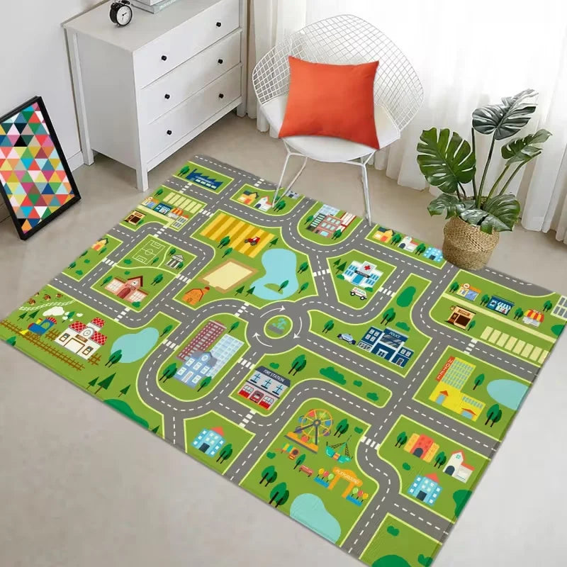 tapis rectangulaire moderne imprimé route animaux vert clair gris blanc rouge bleu jaune extérieur