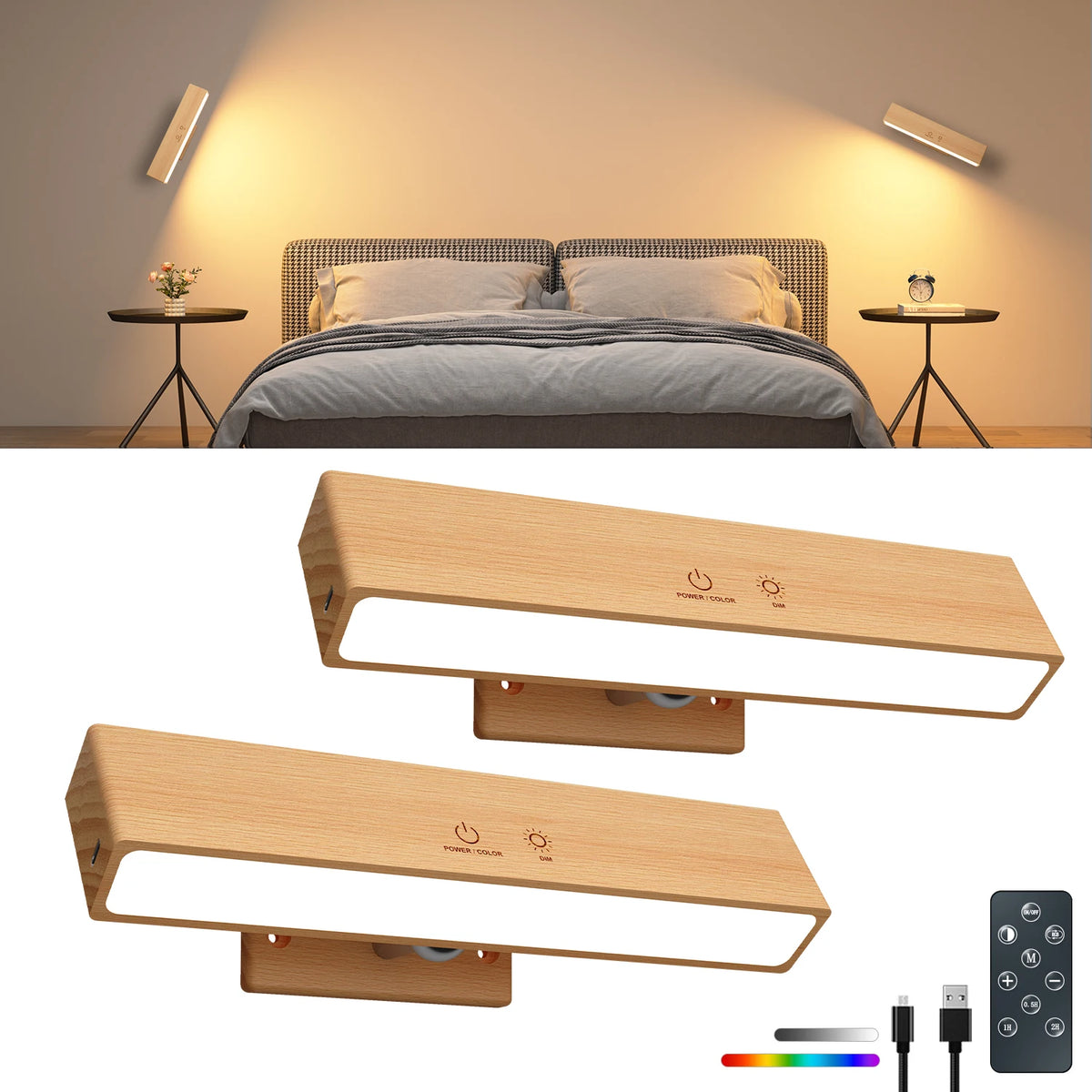 lampe murale led bois naturel moderne tactile rechargeable télécommande