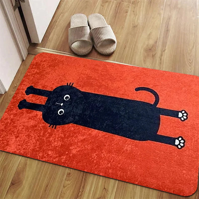tapis flanelle polyester moderne chat noir fond rouge antidérapant extérieur salon chambre