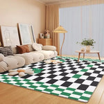 Un salon cozy avec des meubles confortables, des décorations élégantes et un tapis au motif graphique noir et blanc qui apporte une touche moderne et chaleureuse à l'espace.
