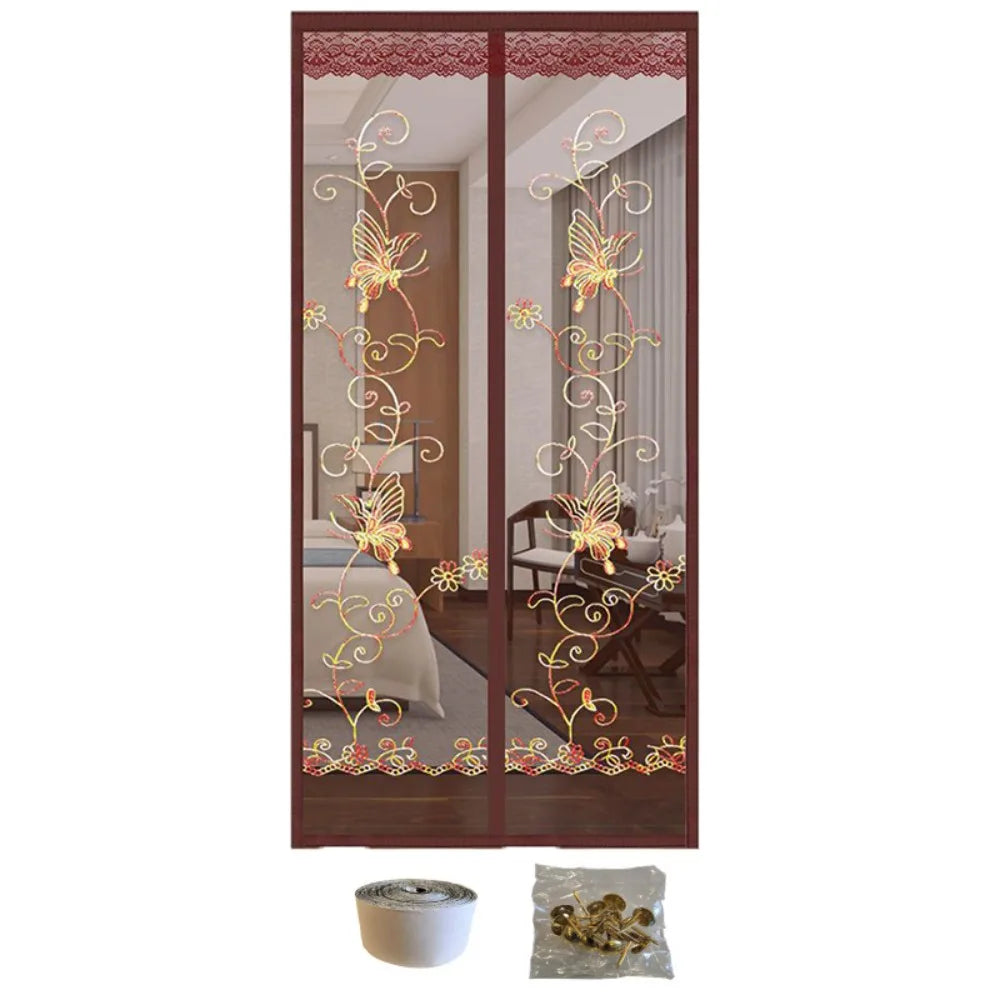 rideau porte moderne gris translucide fleurs dorées motifs géométriques bien ventilé anti insectes