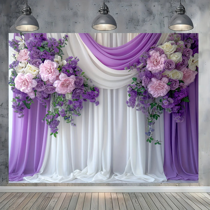 rideau violet blanc fleurs classique occasion mariage anniversaire événement opacité terylene large