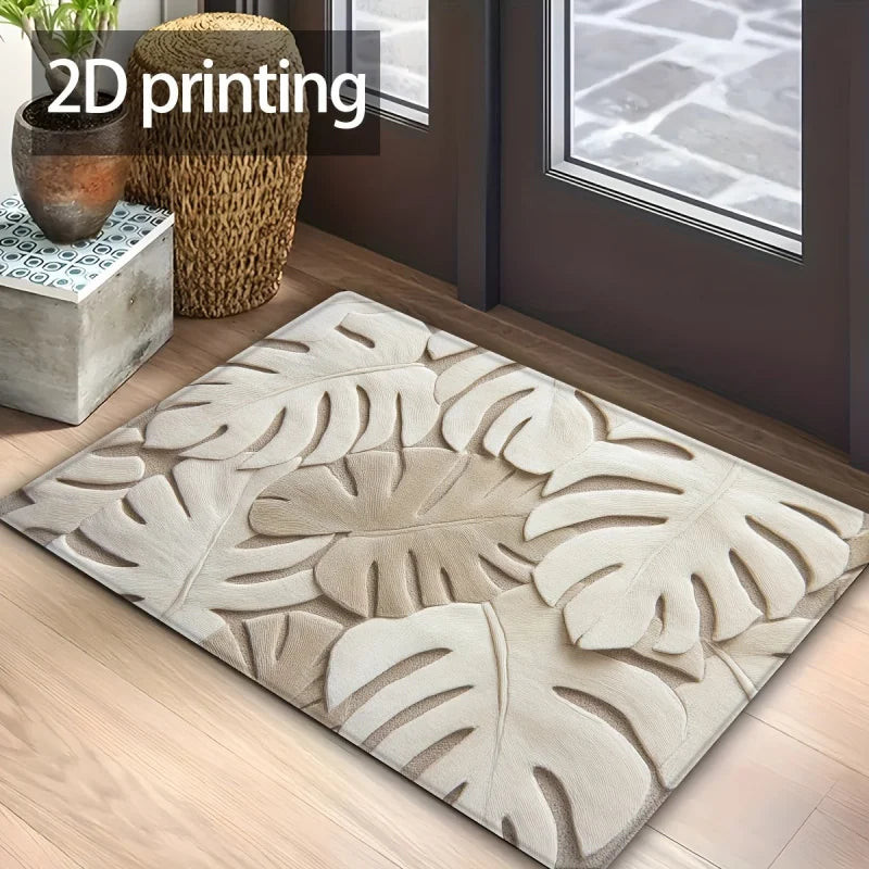 tapis tropical feuilles relief moderne anti dérapant doux rapide salle bain beige clair