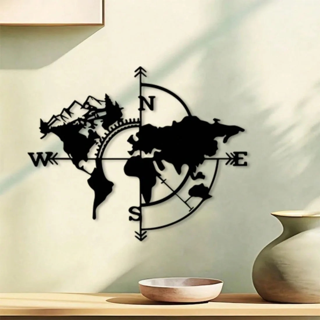 carte monde boussole relief montagnes noir moderne décoration murale minimalistes lignes navigations
