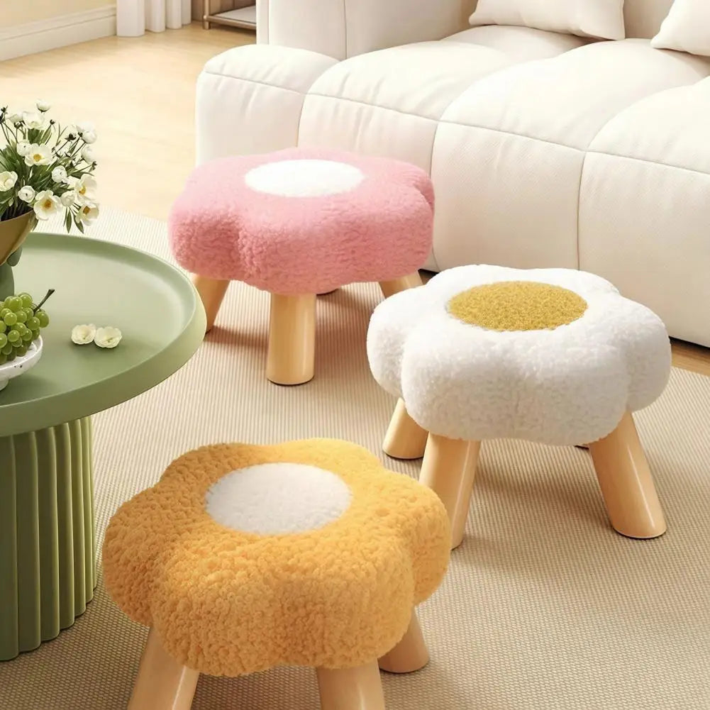 tabouret fleur pieds bois coussin peluche doux moderne rose vert jaune rouge chambre