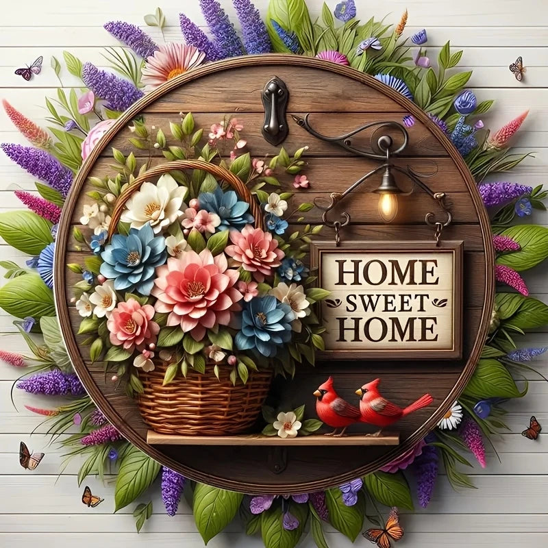 décoration murale couronne bois fleurs multicolores oiseaux rustique vintage sweet homearrière cour plage