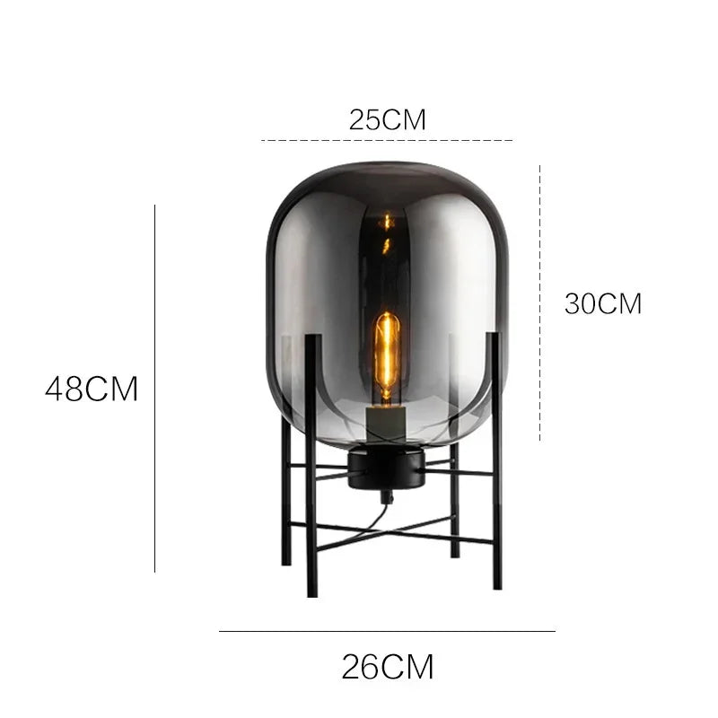lampe sol moderne transparente ampoule filament noir gris fumé led verre minimaliste